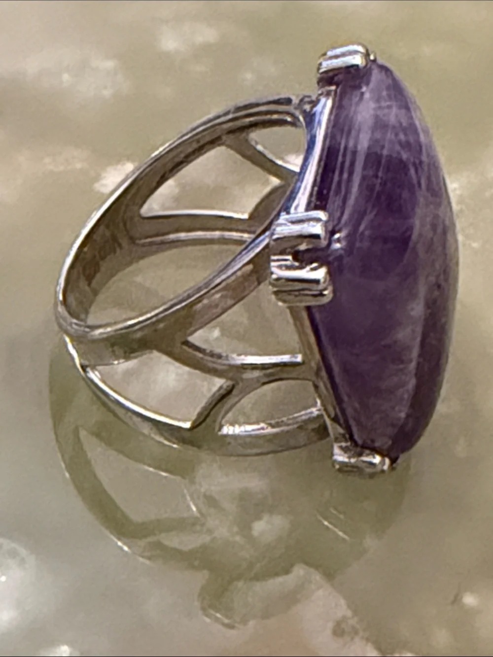 Silver Tone Ring with Amethyst Colored Stone - Size 6.75 US
